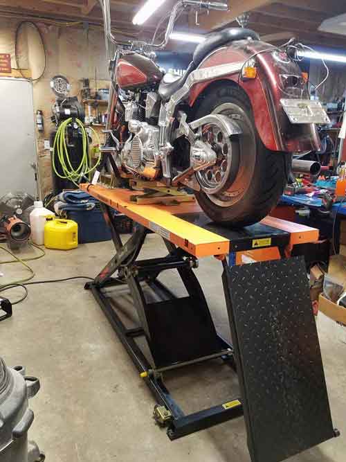Elevator 1100 with Harley Fatboy at Second Shift Cycles