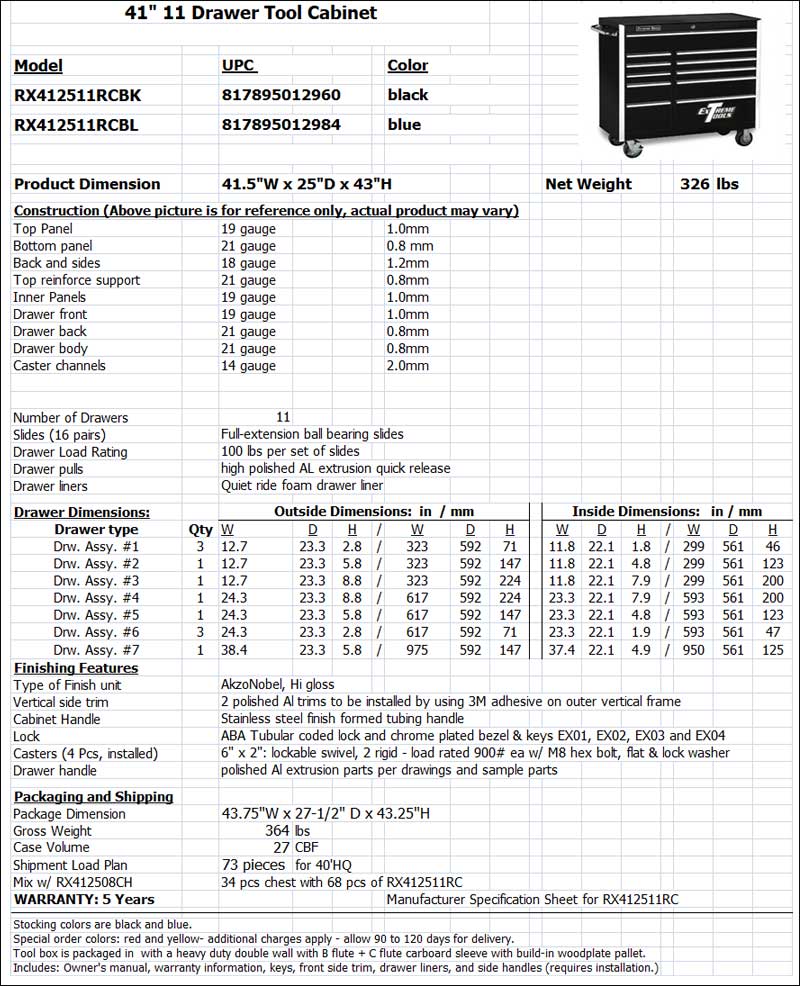 extreme tools RX4125 roll cab specs