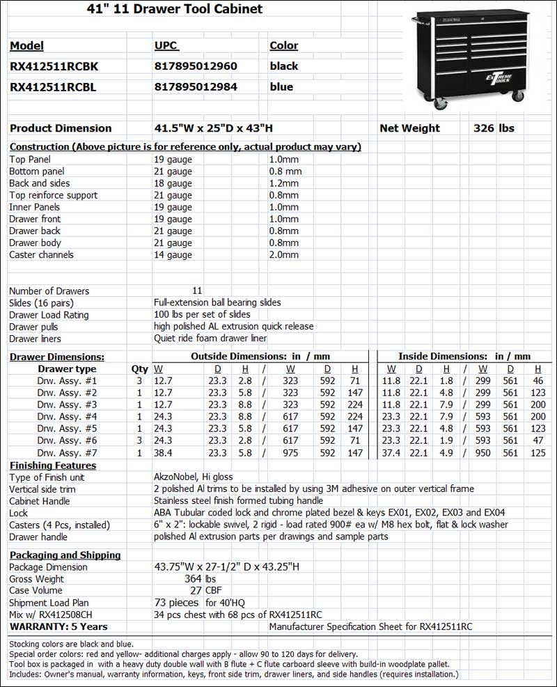 Extreme Tools RX4125RC Roll Cab Toolbox Specs