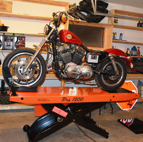 harley sportster loaded on pro 1200 motorcycle lift