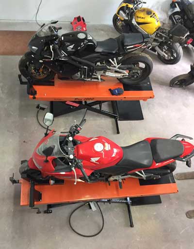 Aerial View of 2005 Honda CBR600rr and 2013 Honda CBR500r on PRO 1200 Motorcycle Lift