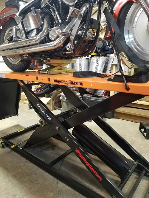 1990 HD Fatboy on Elevator 1100MAX Motorcycle Lift -Second Shift Cycles