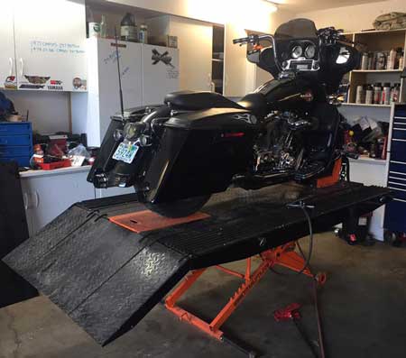 Bike atop Titan motorcycle lift