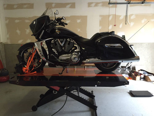 2011 Victory Cross Country Repair on Pro 1200SE motorcycle lift