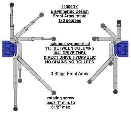 11K 2 post lift bi-symmetric configurable arms and 3 stage front arms