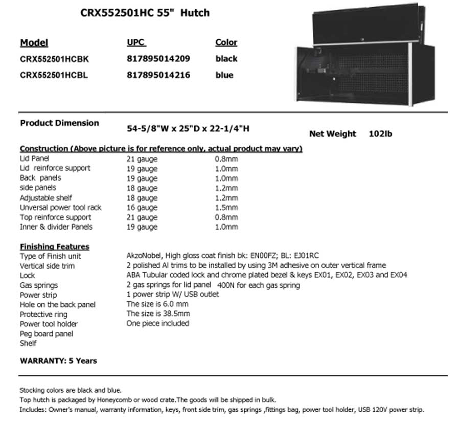 CRX5525 Top Hutch Specifications