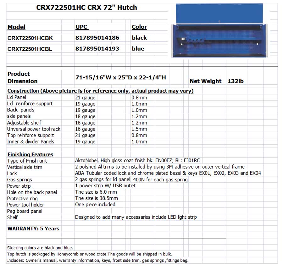 CRX7225 72 TOOL HUTCH SPECS