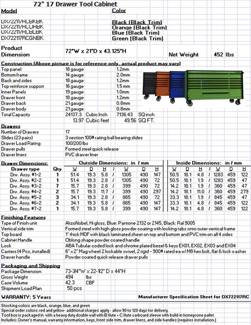 DX72 roller cabinet toolbox specs final