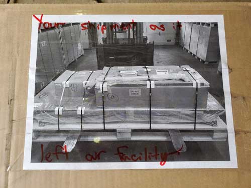 Rich encloses photo of Elevator 1800 lift packaged up with note from NHProEquip