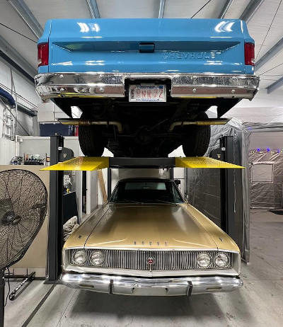 Chevy C10 Coronet on 4 Post Storage Lift NH Furlong Speed and Marine