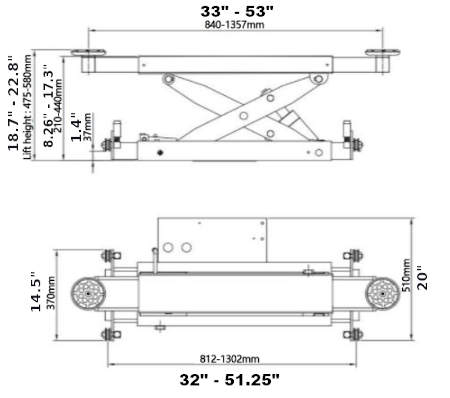 J6H Rolling Jack Amgo Hydraulics Diagram Dimensions in inches