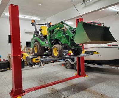 John Deere Tractor up on BP-10 Amgo 2 Post Lift Ken