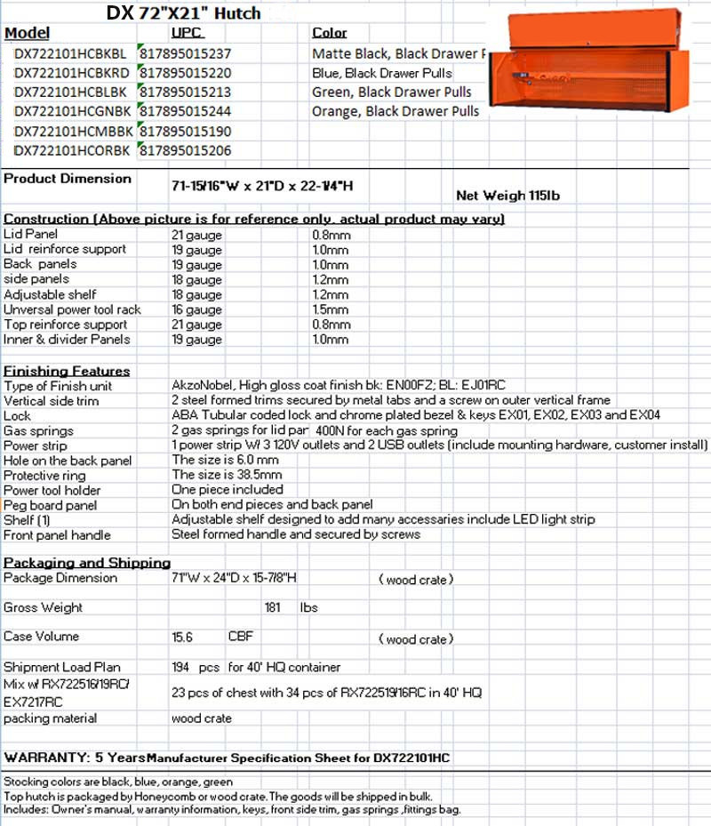 New Hutch Specs DX72 Extreme Tools