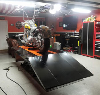 Harley Davidson Fatboy up on PRO 1200 Motorcycle Lift courtesy of Richard in San Antonio, TX