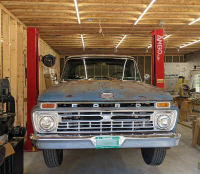 Ford F100 up on BP-9x 2 Post Lift Amgo